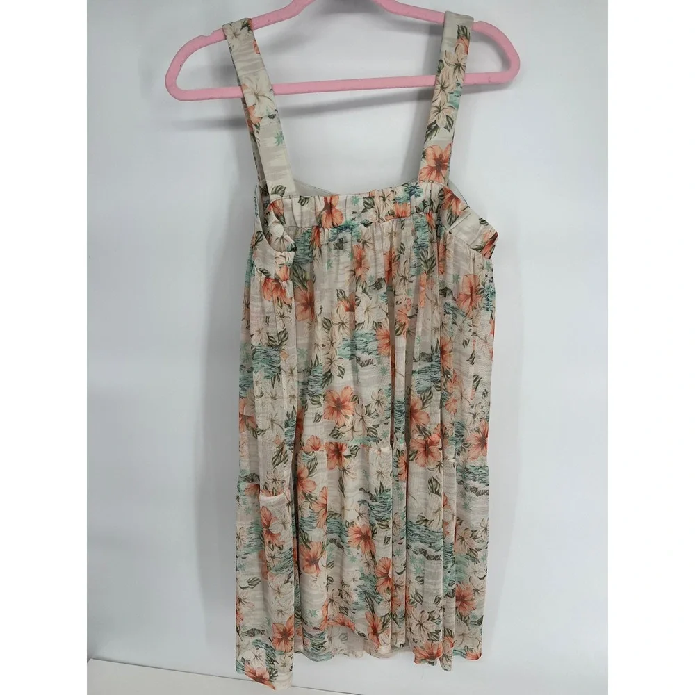 Love Fire Floral Mini Dress Large‎ Tropical Hibiscus Tiered Summer Sleeveless